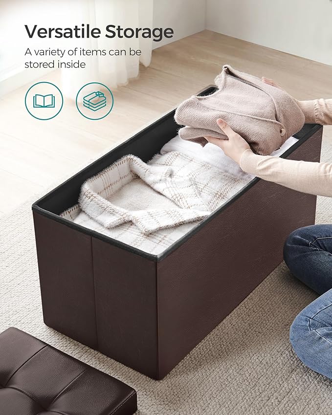 SONGMICS MAZIE Collection - 30 Inches Storage Ottoman Bench with Flipping Lid, Storage Chest Footstool, Load 660 lb, for Entryway, Living Room, Bedroom, Synthetic Leather, Brown ULSF45BR