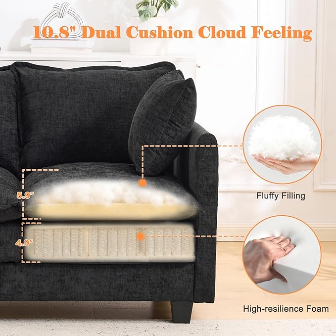 Loveseat Sofa with Ottoman, 50'' Modern L-Shape Cloud Couch Sofa Loveseat with 22'' Ottoman for Small Space/Apartment/Office/Living Room 8834-BLACK-L