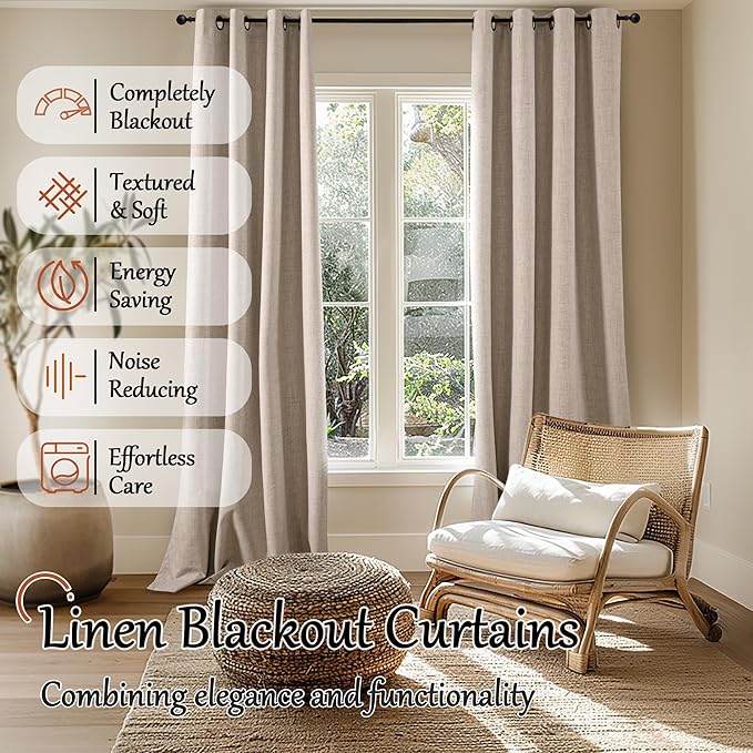 Beige 100% Blackout Curtains for Living Room 84 Inch Length 2 Panels Set, Thermal Insulated Light Blocking Faux Linen Curtains for Bedroom, Bronze Grommet Boho Window Drape Each 52" Wide