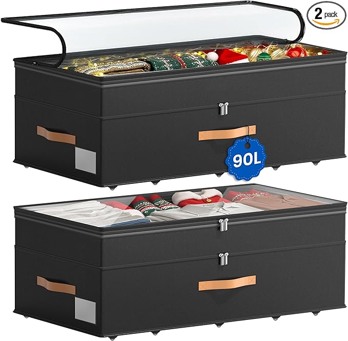 Under Bed Storage with Wheels, 2-Pack Underbed Storage Containers, No Assemble 11 inches 90L XXL Large Adjustable Storage Bins with Clear Lids, Rolling Storage for Clothes, Shoes, Blankets, Black