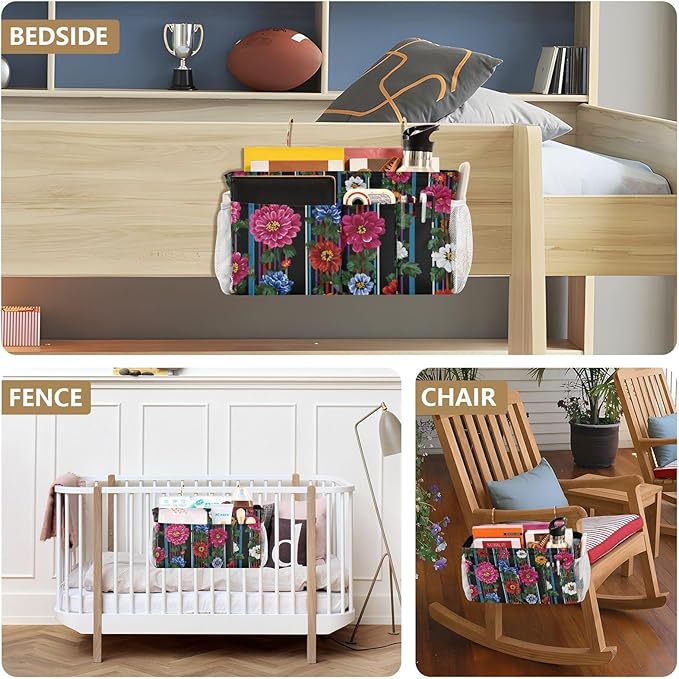 Bedside Caddy Hanging Bunk Bed Caddy Bed Organizer Hanging Pocket with 2 Hooks Bedside Storage Organizer Pocket Bag Holder Mexican Flowers Stripe