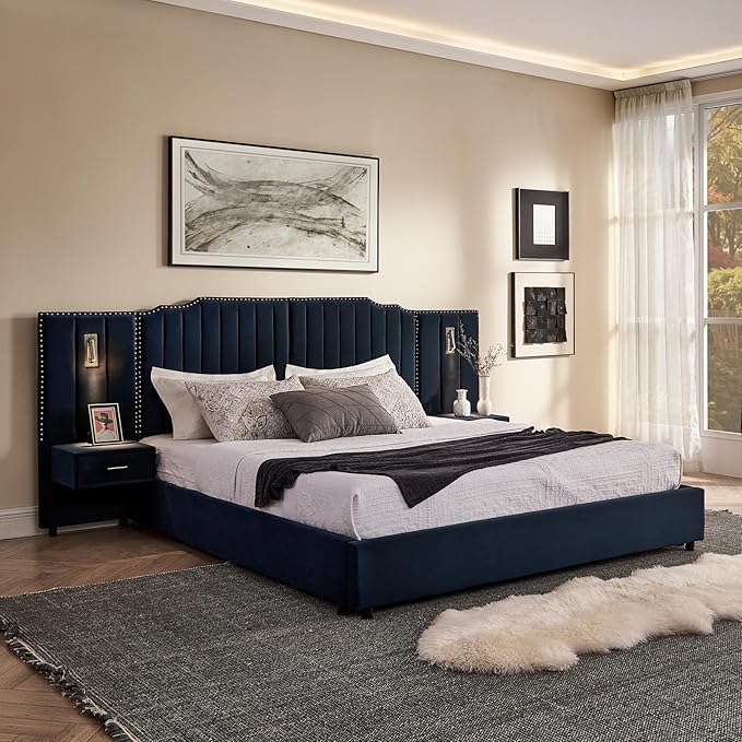 King Size Bed Frame with Storage, Luxury King Platform Bed Frame with Headboard, Velvet Fabric Upholstered Bedframe with LED Lights, Solid Frame & Bedside Table,No Box Spring Needed,Dark Blue