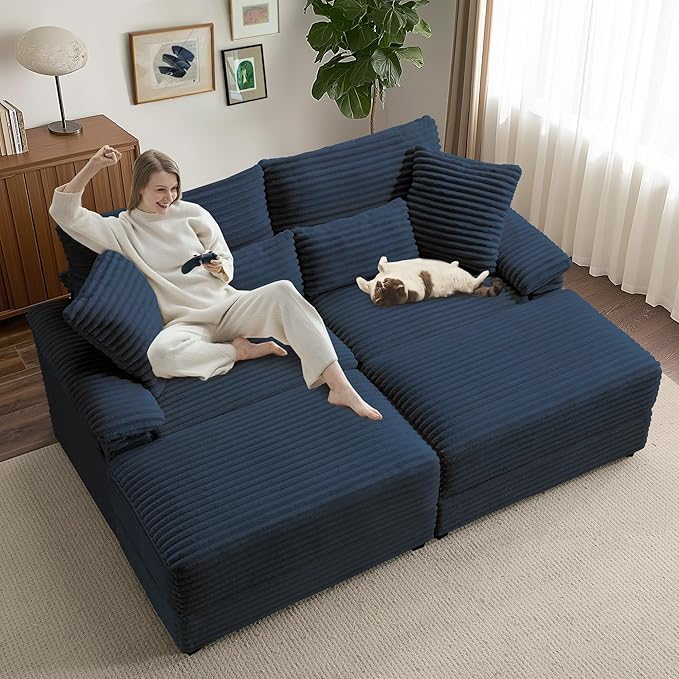 SUNWAVE 74" Double Chaise Lounge Chair Indoor, Loveseat with Storage Ottoman, Corduroy Small Couch with USB Charging, Removeable Ottoman, and Coffee Table Cushions for Living Room