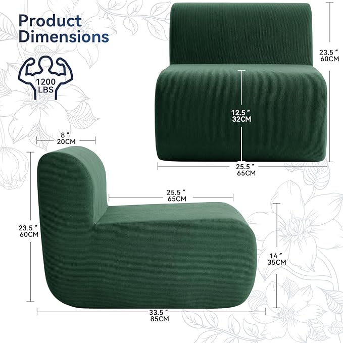 26" Single Sofa, 1 Seater Armless Corduroy Couch, No Assembly Modern Boneless Couch Compression Sofa in Box, Floor Sofa with Ergonomic Design for Living Room, Dark Green