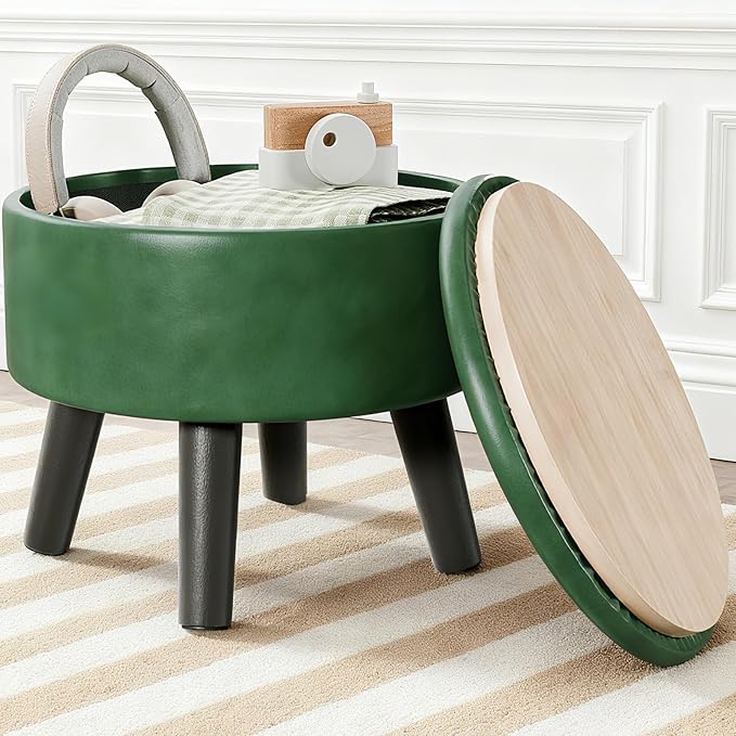 FIMIVIBI Small Foot Stool Ottoman with Storage, Faux Leather Ottoman Foot Rest for Couch, Round Footstool Ottomans for Living Room (Green)