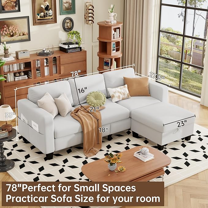 ZeeFu Sectional and Sofa Couches for Living Room - 78'' 3 Seater L-Shaped Modular Couch with Storage Ottoman - Modern Velevt Fabric Upholstered Sofa Set for Small Space Apartment Office