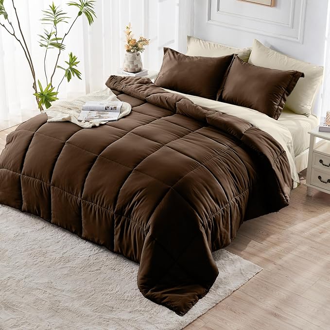 JOLLYVOGUE Full Comforter Set, Ultra-Soft Bed in a Bag Full Size 7 Pieces, Oeko-TEX Certified Bedding Set with Down Alternative Comforter, Sheets, Pillowcases & Shams, Brown & Beige