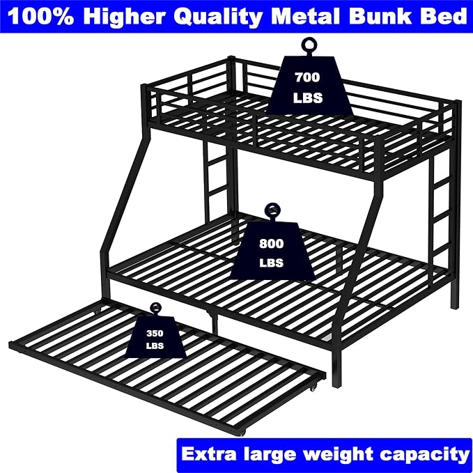 Upgraded Version Thicken Stronger Metal Heavy-Duty Twin XL Over Queen Bunk Bed with Twin Size Trundle, Twin Over Queen Bunk Bed for Adults with Ladders, Easy Assemble (Twin XL/Queen)