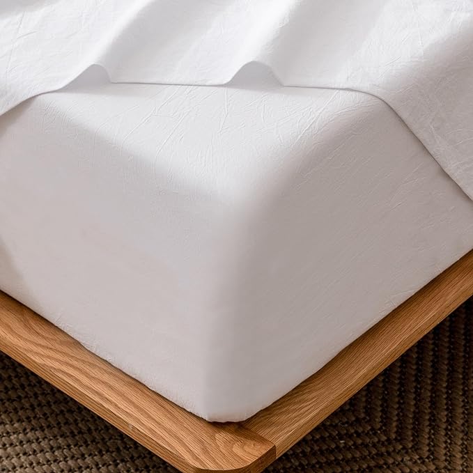 MooMee Fitted Bottom Sheet Only 100% Washed Cotton Linen Like Breathable Textured Durable Soft Comfy Deep Pocket Fits Mattress up to 17" (Bright White, King)