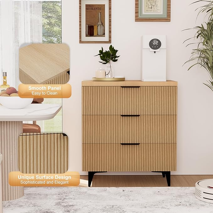 Royal Windsor Fluted Nightstand with 3 Drawers, Side Table End Table, Accent Storage Cabinet,Modern Night Stand Bedside Table for Bedroom,Natural Oak