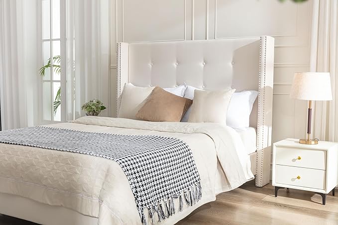 King Size Upholstered Bed Frame, 54" Tall Headboard Platform Bedframes with Nail Head Decorative Wingback, Hand Buttoned Tufting Headboard Beds/No Box Spring Needed/Minimalism, Ivory Velvet