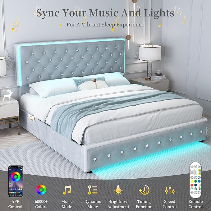 Queen Led Bed Frame with 2 Drawers, Storage Platform Queen Size Upholstered Bed Frames with Crystal Button Tufted Headboard, Solid Slats Support, Noise Free, No Box Spring Needed, Velvet Grey