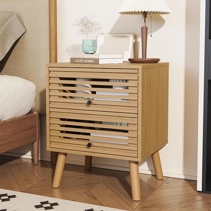 Nightstand Set of 2, Side Table, End Table, Mid Century Modern Nightstand with Hollowed Drawers, Bedside Tables, Small Nightstands with Storage for Bedroom, Oak