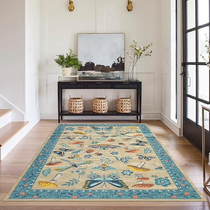 Mushroom Insect Washable Rug 5x7 Area Rugs for Bedroom Non Slip with Rubber Back Low Pile Stain Resistant Butterfly Carpet for Living Room Nursery Kitchen Dining Room Khaki Blue