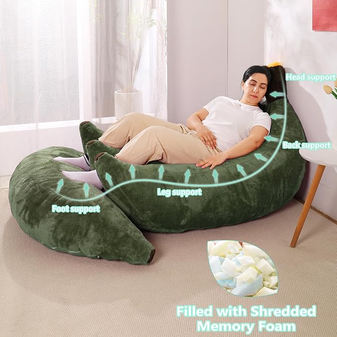 Banana Bean Bag Chair with Ottoman, Floor Sofa Bed with Footrest, Comfy Convertible Lounger for Adults, Plush Couch for Bedroom, Living Room or Dorm, L-DarkGreen
