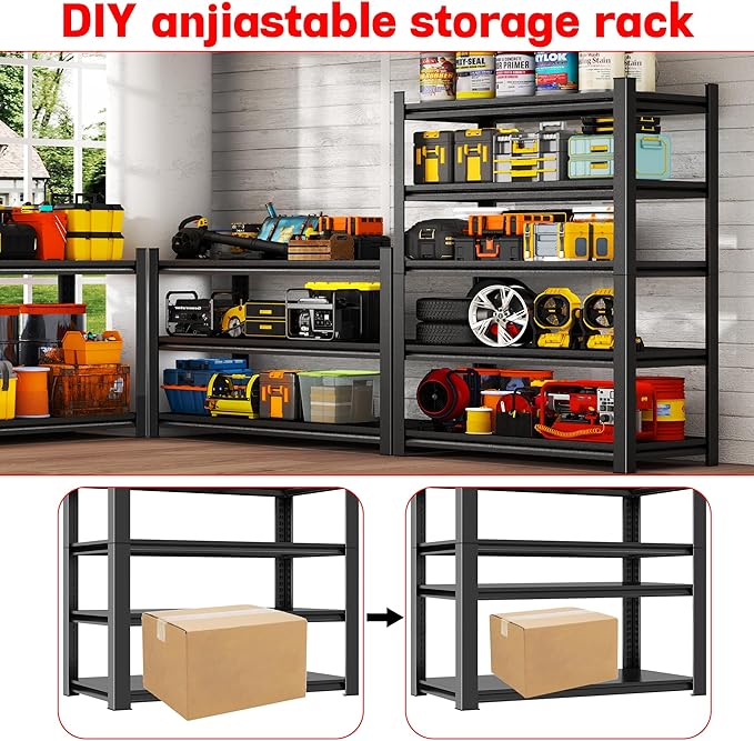Metal Garage Shelving Unit, Heavy Duty 5-Tier Adjustable Storage Rack, Steel Shelving, 3020 lbs Capacity, Industrial Shelves for Heavy Tools and Equipment, Ideal for Garage, Basement, Black, 63"