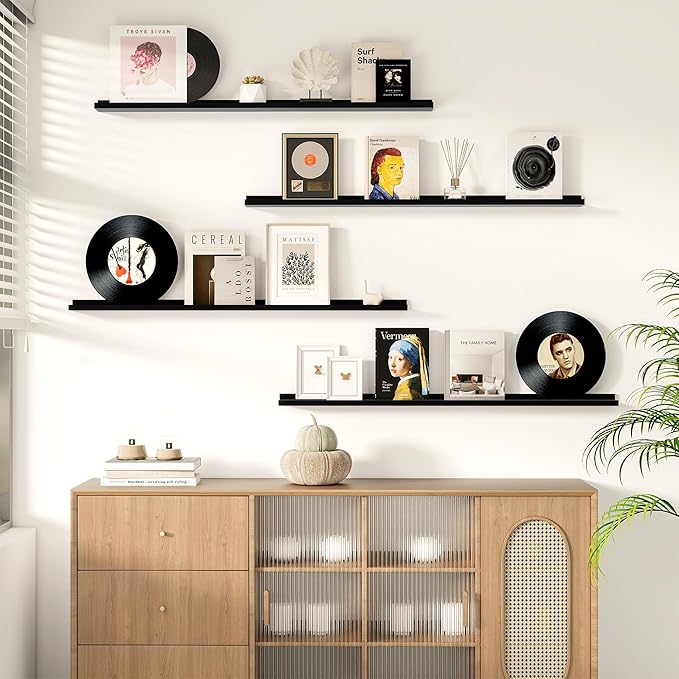 Fun Memories Picture Ledge Shelf for Wall, Floating Shelves Set of 4, 48 Inch Long Nursery Book Shelves for Toys Storage, Kids Bookshelf Wall Mounted for Books Photo Frames, Black