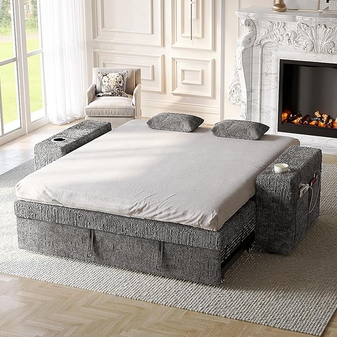63 Inch Sleeper Sofa Bed, 4 in 1 Pull Out Couch Bed with Adjustable Backrest, Small Loveseat with Wide Armrest | USB Charging | Side Pockets | Cup Holders | Tool Free Assembly, Grey Chenille