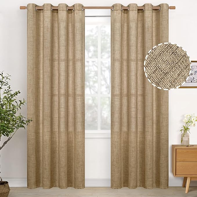YoungsTex Burlap Linen Curtains 80 Inch Length for Living Room, Light Filtering Drapes Semi Sheer with Bronze Grommet Textured for Bedroom Dining Room Farmhouse Country, Toffee, 52 x 80 Inch, 2 Panels