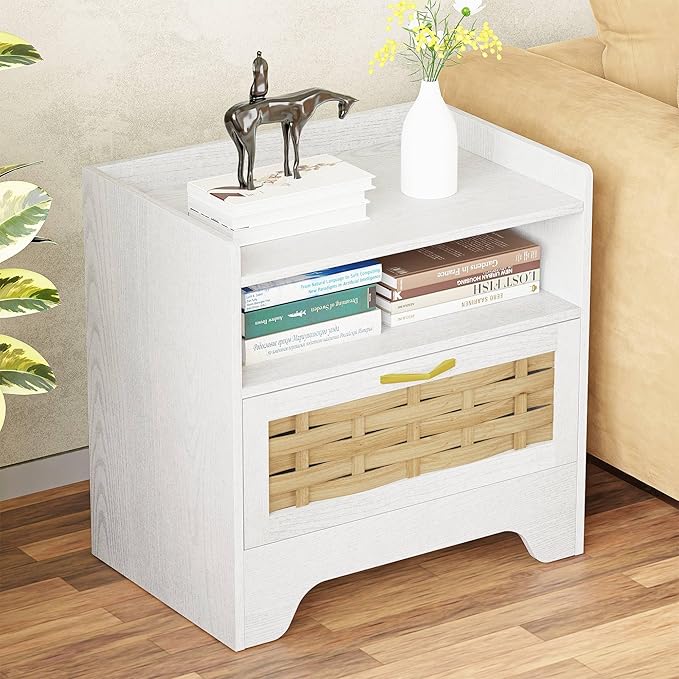 24" Rattan Nightstand with Storage Drawer, White Bedside Table with Semi Open Cubby, Boho Night Stand with Farmhouse Arched Base for Bedroom, Side Table, End Table for Dorm