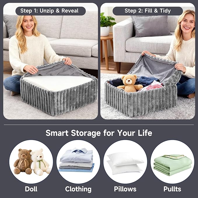 Tiita Suqre Stuffed Pouf Ottoman, Stripe Poufs 21×21×10 inch with Foam Chunk Filling, Floor Bean Bag Floor Chair Storage for Living Room Bedroom Home Decor, Grey