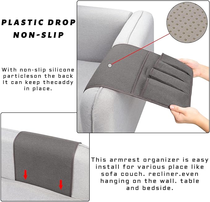 NB Sofa Armrest Organize remote holder bedside caddy organizer with 5 pockets，non-slip couch remote control holder couch armchair caddy accessories (Dark Grey, 35"x12.4")