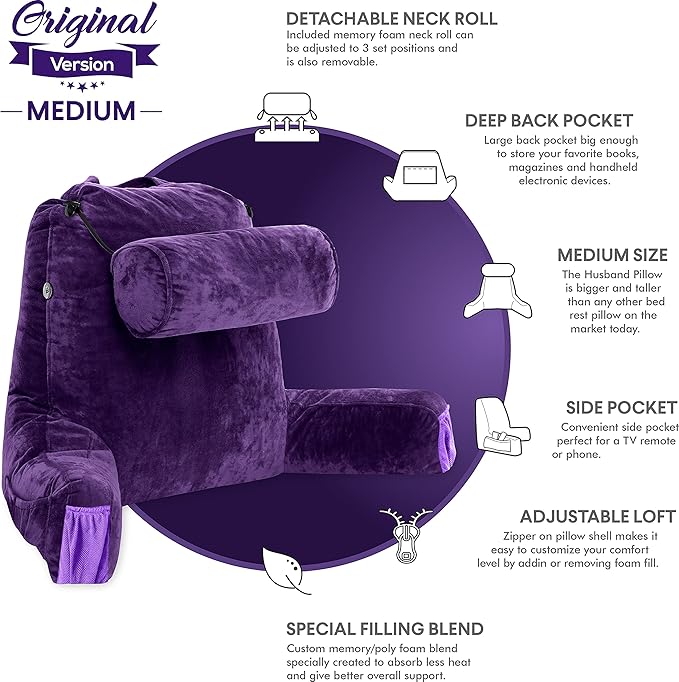 Husband Pillow Medium Purple, Backrest for Kids, Teens, Petite Adults - Reading Pillows with Arms, Adjustable Loft, Plush Memory Foam, Bed Rest Chair for Sitting Up, Detach Neck Roll, Removable Cover