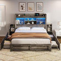 AMERLIFE Queen Bed Frame with 4 Storage Drawers, LED Bed Frame with 49“ Tall Bookcase Headboard, Wood Platform Bed with Charging Station & 2 Slide Bedside Shelf, No Box Spring Needed/Rustic Grey