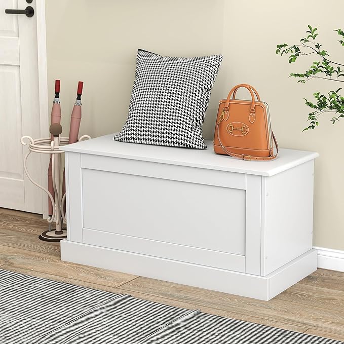 LOKO 35.5” Storage Chest, Lift Top Storage Box with Metal Hinges, Wooden Storage Bench with Safety Hydraulic Strut, Large Modern Storage Trunk for Living Room, Bedroom, Entryway (White)