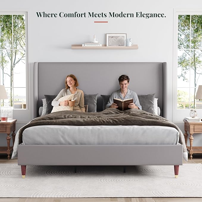 Jocisland King Upholstered Platform Bed Frame with 51.2" Tall Wingback Headboard–Solid Wood Legs, No Box Spring Needed, Light Grey Linen–Modern Style for Any Bedroom