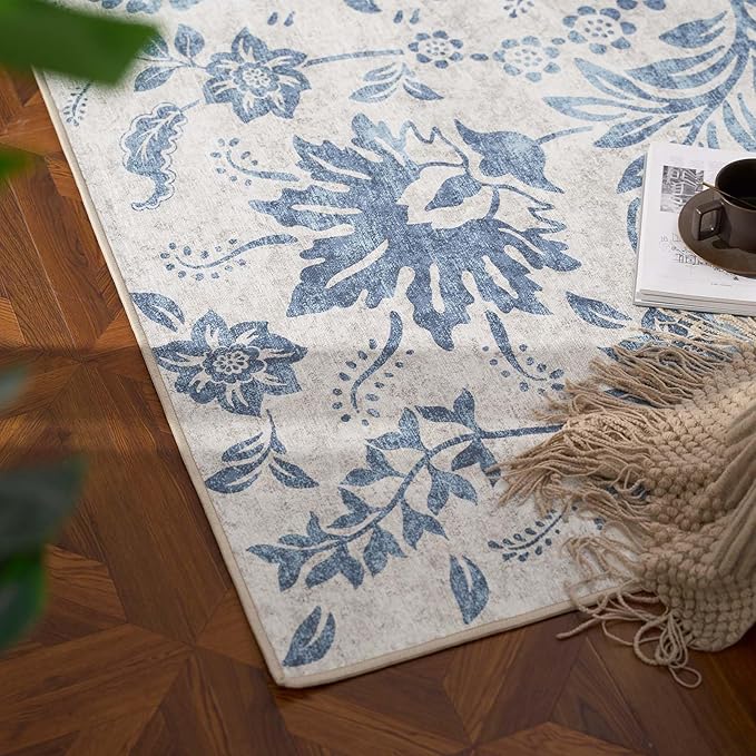 jinchan Torino Runner Rugs 3x8, Vintage-Inspired Floral Design Machine Washable Non-Slip Ultra-Thin Low-Pile Rubber Backing Traditional Rug for Kitchen Hallway Laundry Room Entryway Dark Blue
