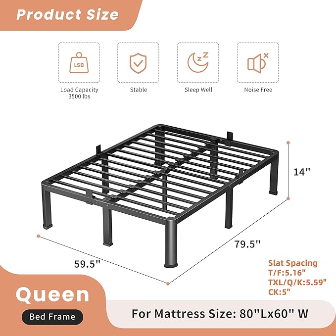 14 Inch Queen Heavy Duty 3500 lbs Bed Frame with Round-Corner Legs & Anti-Squeak Design – Quick Assembly Metal Platform, No Box Spring Needed
