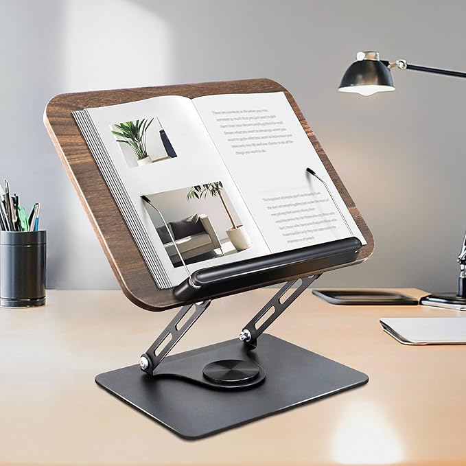 New Upgrade Book Stand for Reading, Book Holder with 360° Swivel Base, Adjustable Height & Angle Cookbook Stand, Foldable Recipe Book Holder for Kitchen, Textbook, Music Stand, Lightweight & Portable