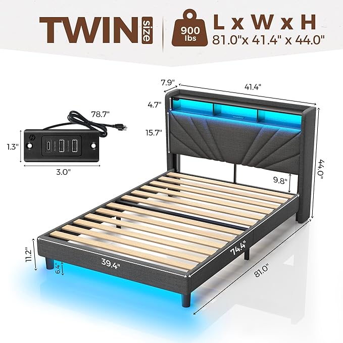 Rolanstar Twin Size Bed Frame, Storage Headboard with Charging Station and LED Lights, Upholstered Bed with Heavy Duty Wood Slats, No Box Spring Needed, Noise Free, Easy Assembly, Dark Grey