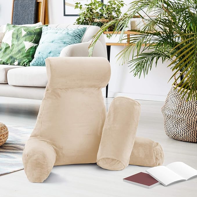 Nestl Reading Pillow with Shredded Memory Foam Includes 2 Neck and Lumber Support Pillows, Designed for Sitting Up in Bed and Couch, Back and Arms Adjustable Support for Adult & Teens, Beige Cream