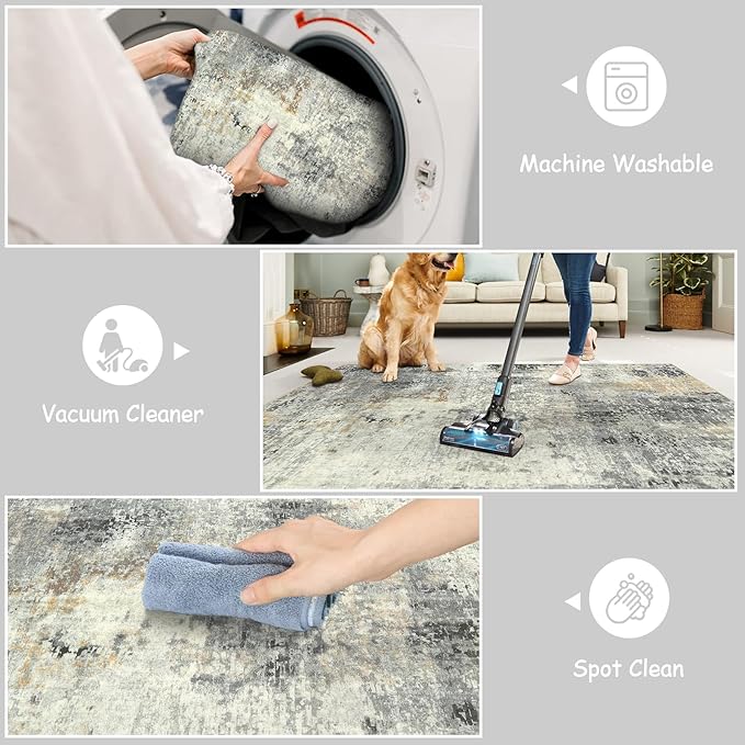 Lahome Modern Abstract Area Rug - 3x5 Gray Washable Entry Rug, Soft Non-Slip Contemporary Nursery Mat Indoor Throw Kitchen Carpet for Living Dining Bedroom Chair Decor