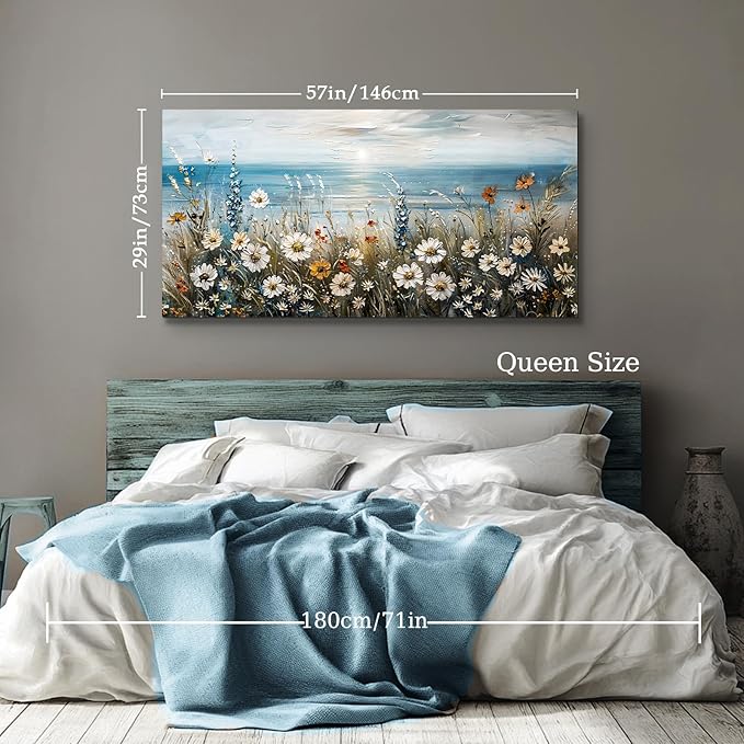 SERIMINO Large Wall Art for Living Room, Coastal Landscape Wall Decor, Beach Daisy Canvas Prints Farmhouse Decor, Wildflowers Bathroom Pictures Home Decor Aesthetic, Dining Room Kitchen Artwork 29"X57"