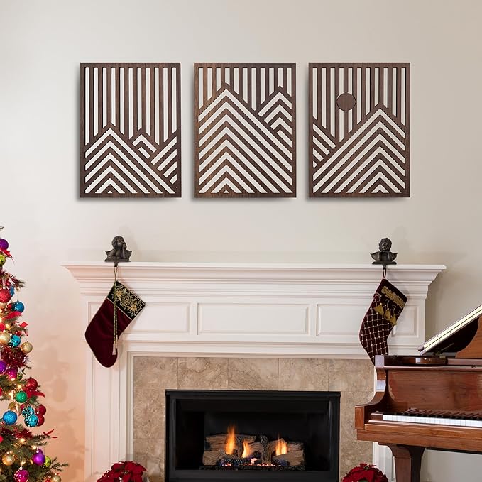 qmmp Modern Wooden Wall Sculptures - Set of 3 - Home Decor Accent - Large Wall Art for Living Room, Bedroom, Office - Easy Installation (Walnut, Medium - Mountain and Sun)