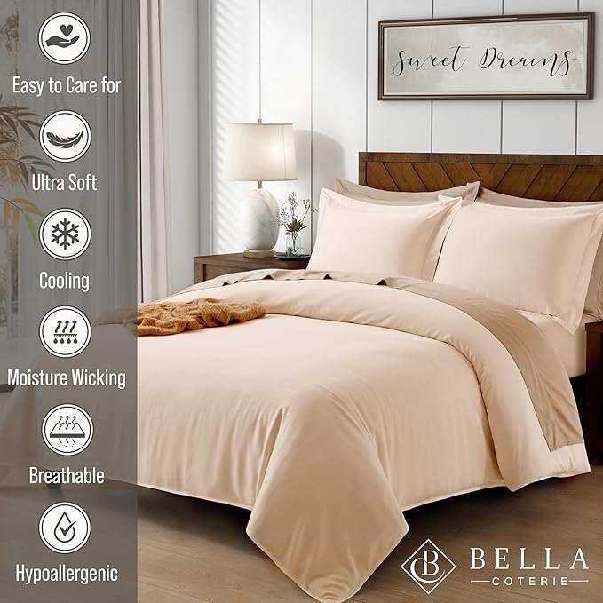 Bella Coterie Luxury Bamboo Viscose Queen Size Duvet Cover Set | 100% Organically Grown | Corner Ties | Ultra Soft | Cooling | Two Pillow Shams | 90 x 94 | No Insert [Champagne]