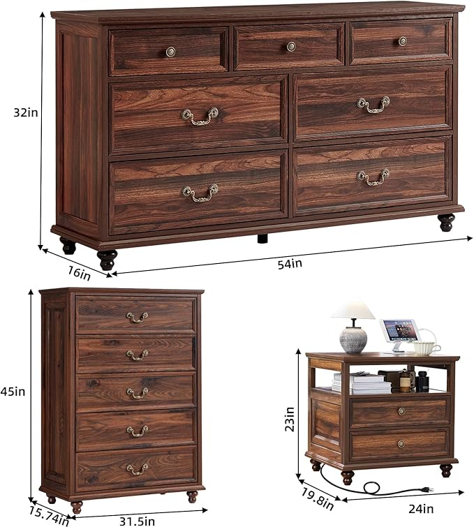 24" Wide Farmhouse Nightstand with Charging Station Set of 2, 54" 7 Drawers Dresser, 45" Tall Rustic Chests of 5 Drawers, Farmhouse Furniture Series for Bedroom,Brown