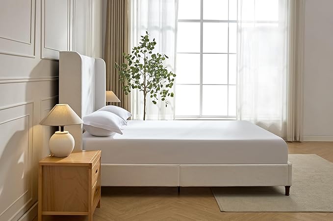 Upholstered Bed Frame with 54'' Nail Head Decorative Wing Back,Hand Buttoned Tufting Headboard Platform Bed Frame with Wooden Slats,No Box Spring Needed (Cream White, Queen)