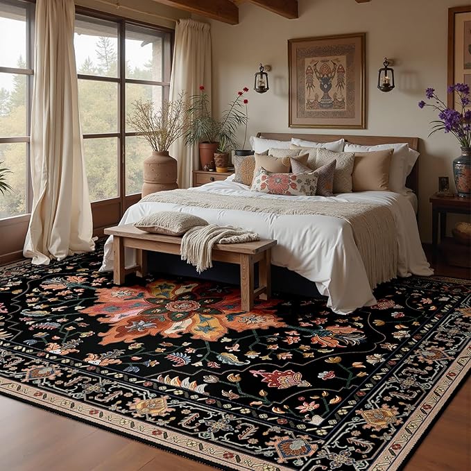 Area Rugs 8'x10' Washable Non-Slip, Floral Vintage Distress Print Pattern Medallion Carpet for Living Room Bedroom Dining Room, Black Colorful Floral Dark Tan