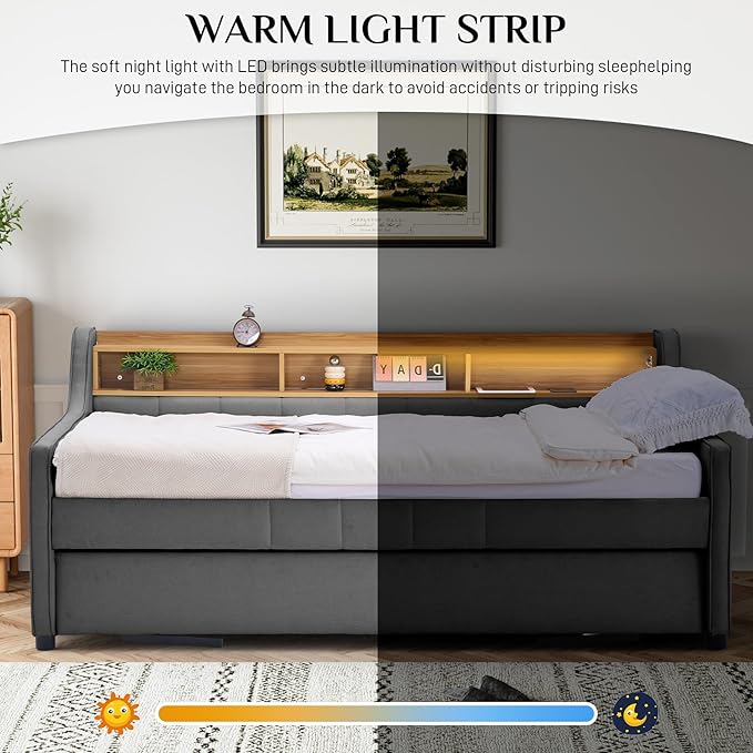 Twin Size Daybed with Pop Up Trundle Bed, Linen Upholstered Day Bed Frame with w/LED/USB/Type C/Storage Headboard, Twin to King Daybed for Living Room Bedroom, No Box Spring Needed, Dark Grey
