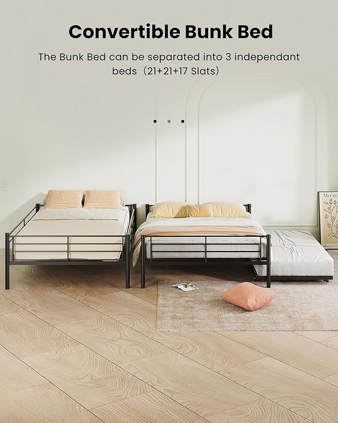 Full XL Over Queen Bunk Bed with Trundle, Heavy-Duty Queen Bunk Bed with with Safety Ladder and Full-Length Guardrail, Convertible to 3 Beds for Teens and Adults, Black