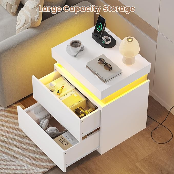ADORNEVE White Nightstand Set of 2,Night Stand with Charging Station & LED Light & Sliding Top,Bedside Table with Drawers,Modern Bed Side Tables Bedroom