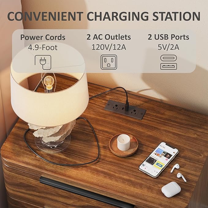 Nightstands Set of 2, Bedside Table with 3 Storage Drawers, 24" Tall Wood Night Stand with Charging Station, Modern Wide End Table Side Table W/Metal Handle Curved Profile for Bedroom