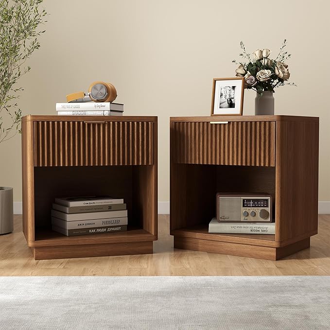 Miereirl Fluted Nightstand with Charging Station, Wood Mid Century Modern Night Stands Storage Cabinet for Bedside Table with Metal Handle Drawers, Walnut Oak