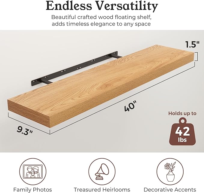 Floating Shelves for Wall, 9.3" Deep Wall Mounted Wood Shelves for Bathroom, Bedroom, Living Room, Kitchen, Hanging Shelf for Books/Storage/Room Decor (Oak, 40")