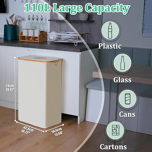 iEGrow 29 Gallons Recycling Bins for Kitchen, Indoor Recycle Bins with Lid, 110L Large Recycle bin with 2 Removeable Reusable Inner Bags, for Bottles Cans Glass Plastice Cartons(Beige)
