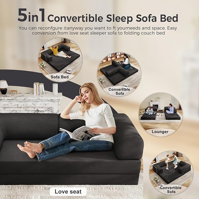 5-in-1 Folding Convertible Sofa Bed with L-Shaped Cylindrical Pillow, Corduroy Boneless Couch, Pull Out Bed, Floor Sofa Modular Futon Couch for Living Room Bedroom Lounge - No Assembly Needed in